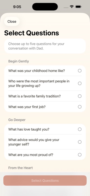 Storywell question selection screen
