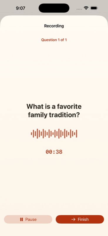 Storywell recording screen with the question What is a favorite family tradition?