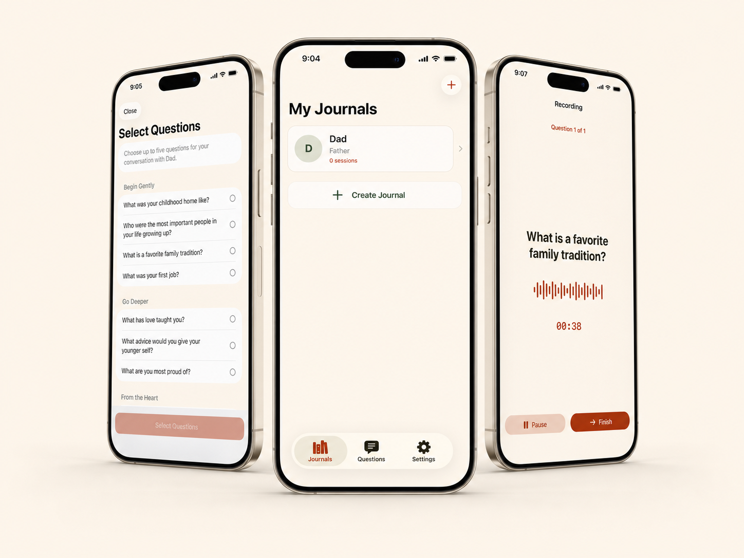 Three iPhones showing Storywell journals, guided questions, and an active recording